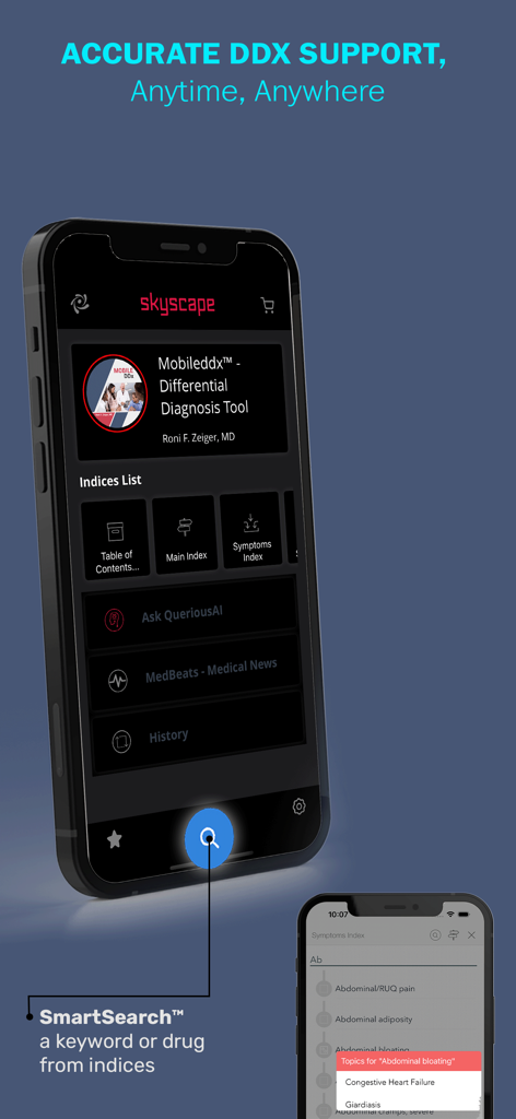 Interfaz de la aplicación MobileDDx mostrando soporte para diagnóstico diferencial y la función SmartSearch para médicos.