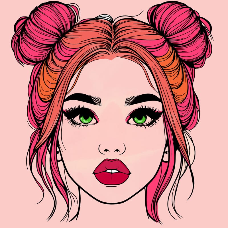 realistic girl with two buns on her hair and lips