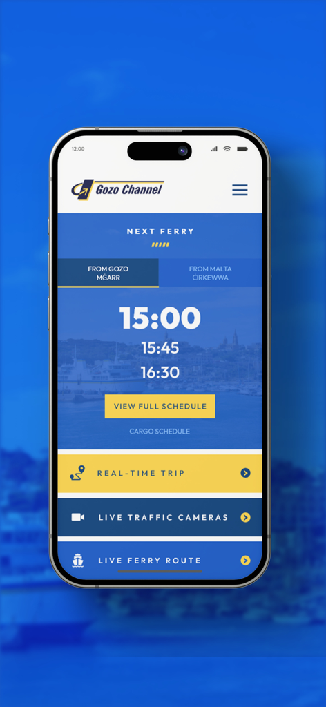 Gozo Channel mobile app interface showing ferry departure times from Gozo Mgarr and navigation for live traffic cameras