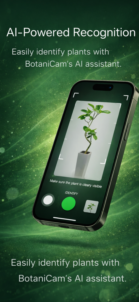 BotaniCam: AI Plant Identifier - Interfaz de la aplicación BotaniCam que muestra la identificación de plantas impulsada por IA en la pantalla de un iPhone
