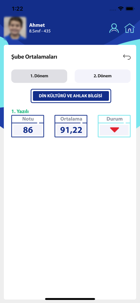 The MEB E-OKUL VBS app interface displaying branch averages and exam scores for a student in the Turkish education system