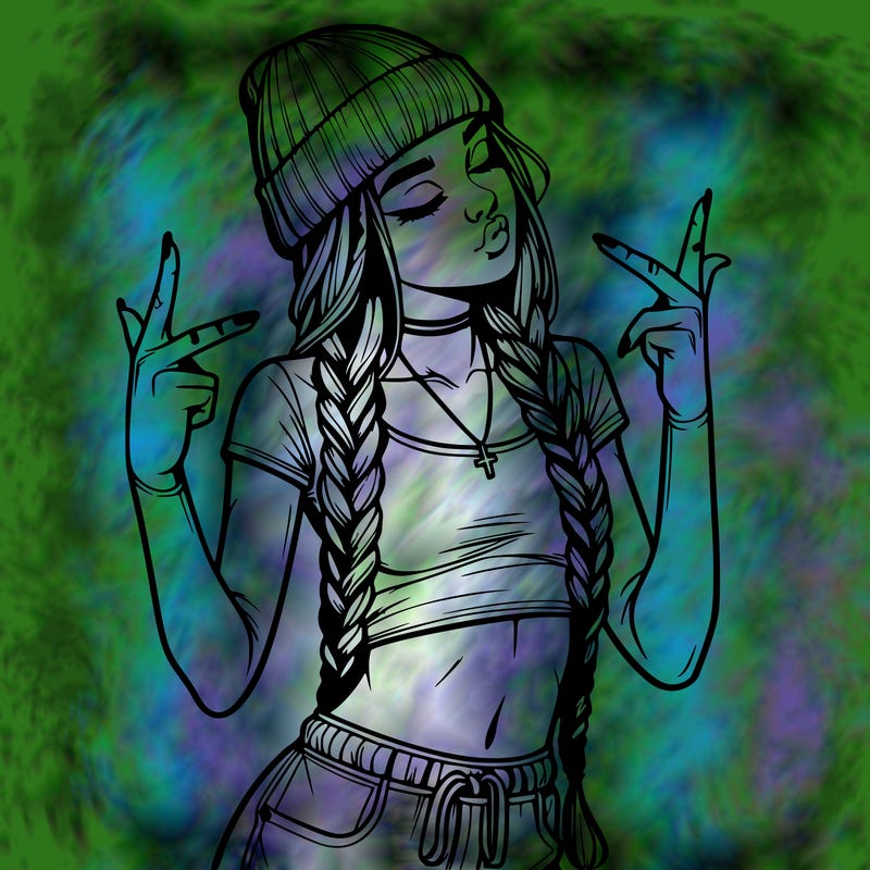 realistic teenage girl with braids and a beanie and crop top doing 🫶🏼
