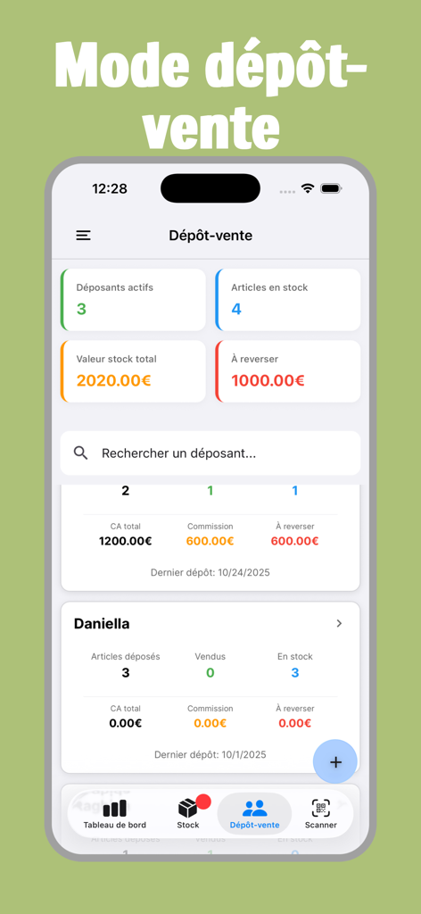 Mobile dashboard for Vinto app showing consignment sales and inventory tracking