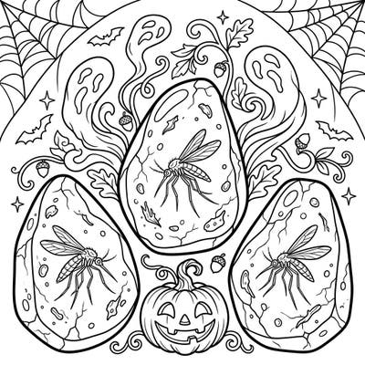 Dive into a unique Halloween coloring experience, blending prehistoric amber-encased mosquitoes with classic spooky fun. This intricate design promises hours of creative enjoyment for all ages and skill levels.