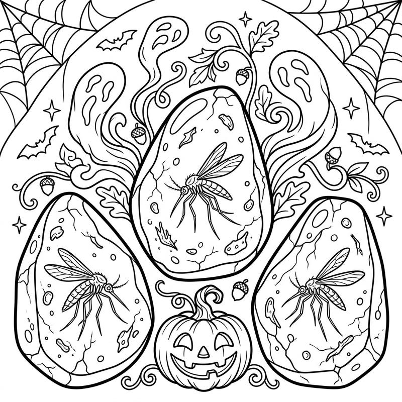 Dive into a unique Halloween coloring experience, blending prehistoric amber-encased mosquitoes with classic spooky fun. This intricate design promises hours of creative enjoyment for all ages and skill levels.
