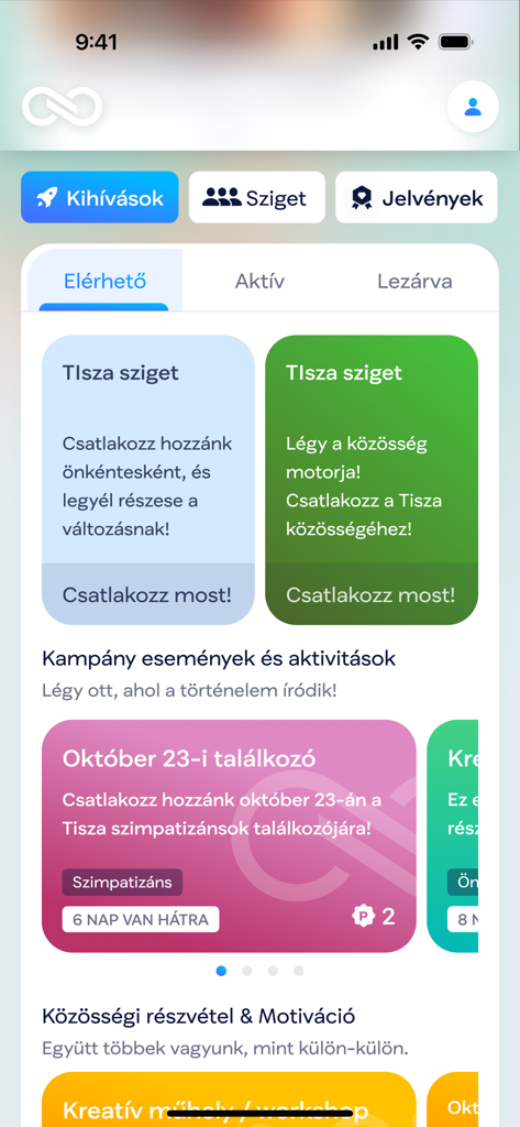 TISZA Világ - Home screen of TISZA Vilag app showing political participation tasks and community group links