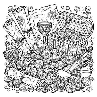 Embark on a thrilling coloring quest with this intricate pirate treasure template, brimming with gold coins, sparkling jewels, and secret maps. Perfect for adventurers of all ages, it promises hours of creative fun as you bring this legendary loot to life.