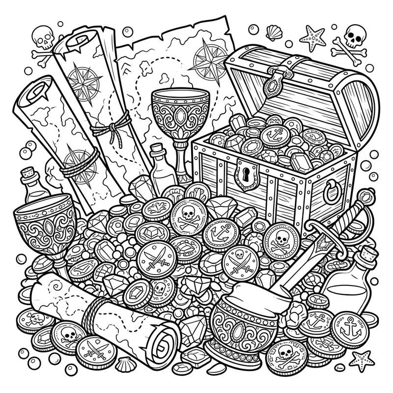 Embark on a thrilling coloring quest with this intricate pirate treasure template, brimming with gold coins, sparkling jewels, and secret maps. Perfect for adventurers of all ages, it promises hours of creative fun as you bring this legendary loot to life.