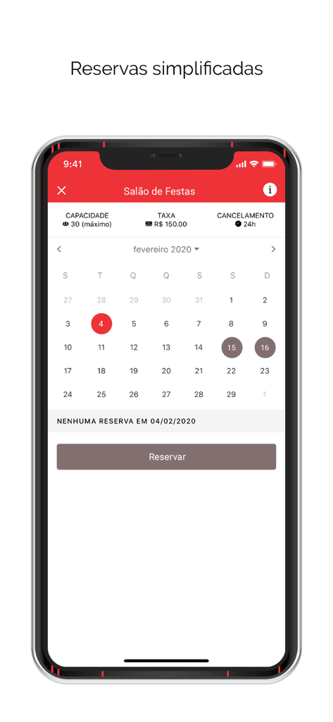 Interface do aplicativo para agendar a reserva de uma sala de festas com visualização de calendário