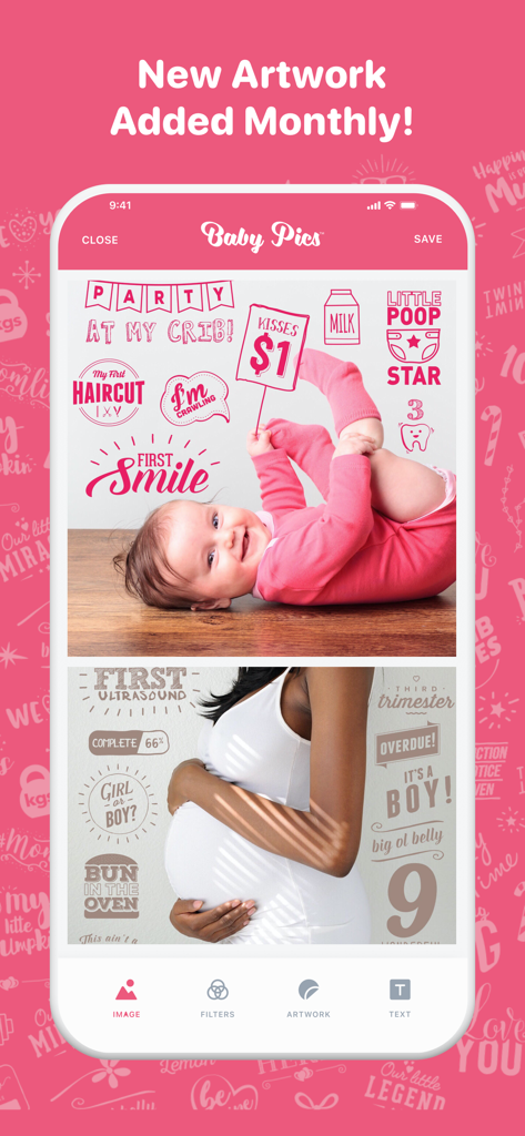 Screenshot of Baby Pics app showing baby and pregnancy photos with decorative milestone stickers