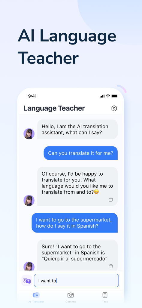 Interfaz de la aplicación Translator AI que muestra una traducción conversacional entre un usuario y un profesor de idiomas de IA.
