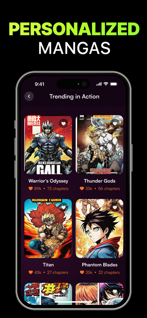 Interface do aplicativo Manga Reader mostrando recomendações personalizadas de mangá de ação em alta.