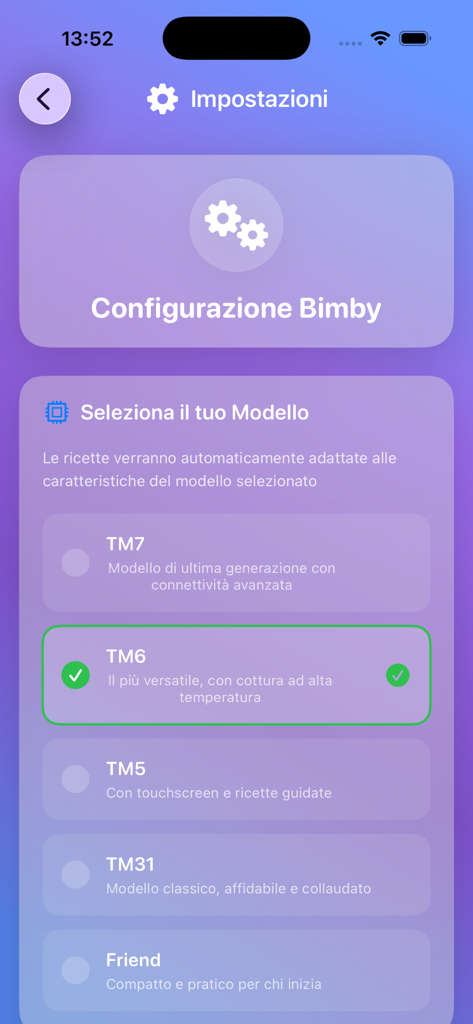 A screen for selecting a Thermomix model in the My Bimby app settings
