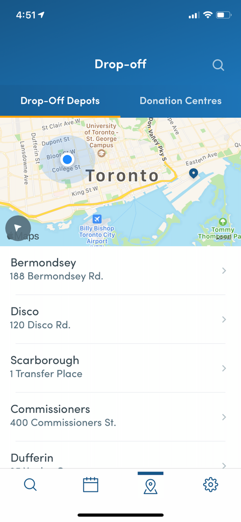 TOwaste – City of Toronto - The drop off depots screen in the TOwaste app showing a map of Toronto and a list of waste disposal locations