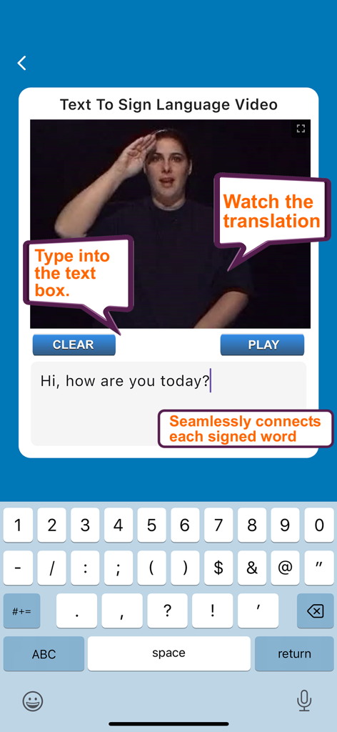 Screenshot of the ASL Translator app showing a text to sign language video conversion interface