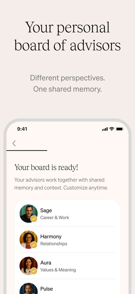 Kin: Personal AI Advisors - A mobile interface of the Kin app showing a list of personal AI advisors like Sage for career and Harmony for relationships