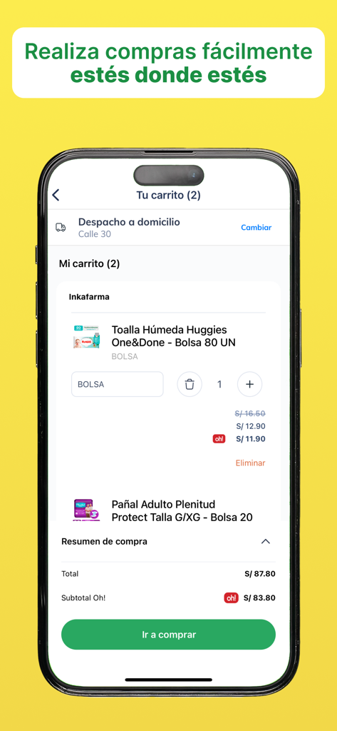 Tela do smartphone mostrando o carrinho de compras Inkafarma Movil com produtos de cuidado para bebês e adultos