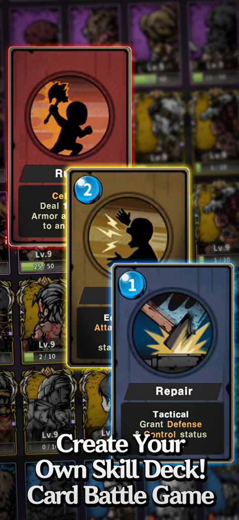 Slay the Titan : Deckbuild RPG - Pantalla de construcción de mazos de Slay the Titan que muestra varias cartas de habilidad y reparación