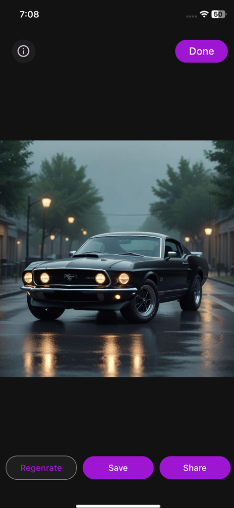 Speech To Image AI Generator - Um carro vintage preto gerado por IA em uma rua chuvosa na interface do aplicativo Speech To Image