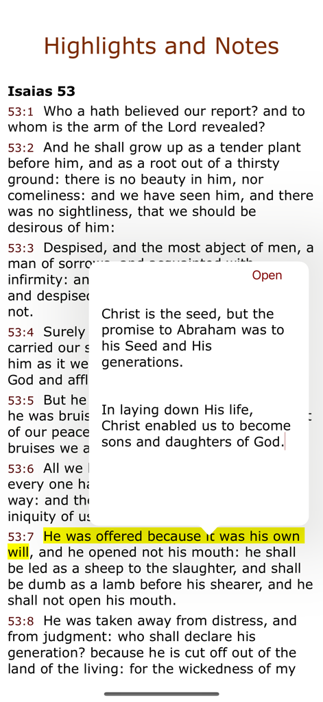 Interfaccia dell'app iPieta che mostra un passaggio biblico evidenziato e una nota di studio personale.