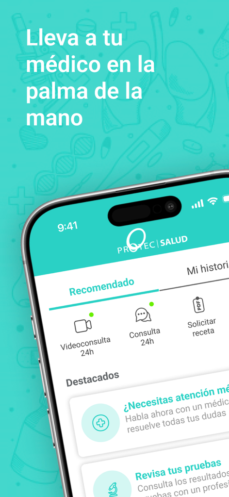 PROTEC SALUD - Interface de l'application de télémédecine PROTEC SALUD affichant des options de consultation vidéo 24h/24 et d'ordonnances virtuelles en français.