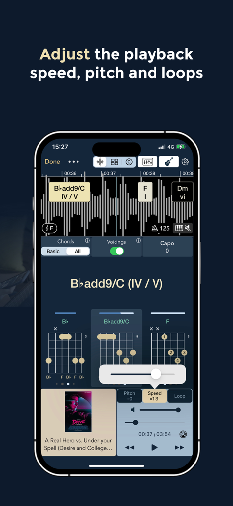 Chord ai - Play any song! - Interface of Chord ai showing adjustments for playback speed pitch and loops