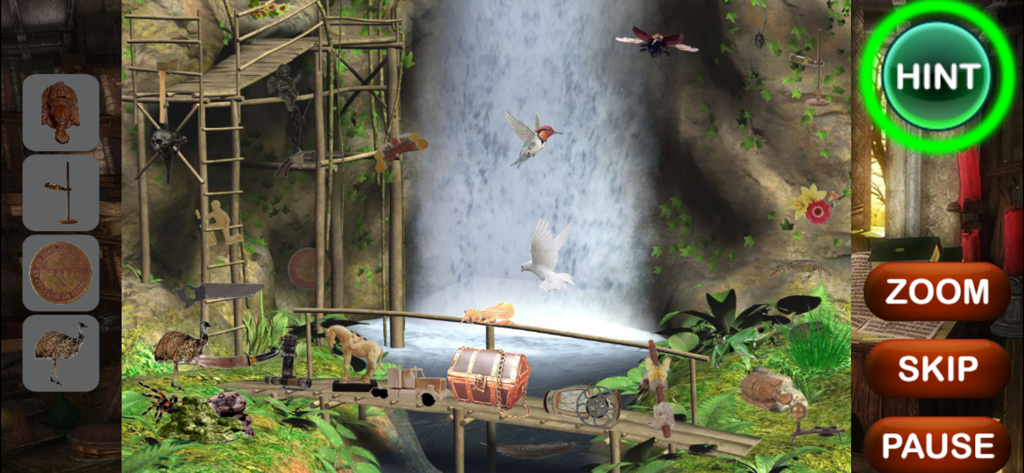 Mystery Hidden Objects - A hidden object game level showing a lush jungle waterfall scene with items to find and a hint button