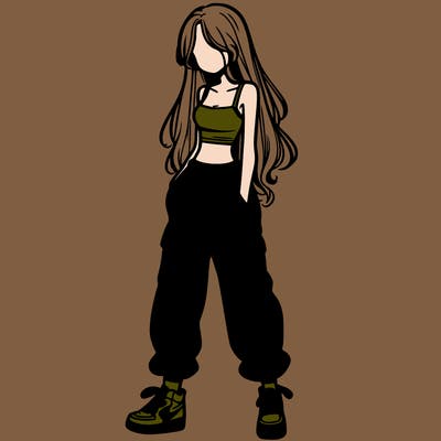 girl in baggy pants crop top and long hair