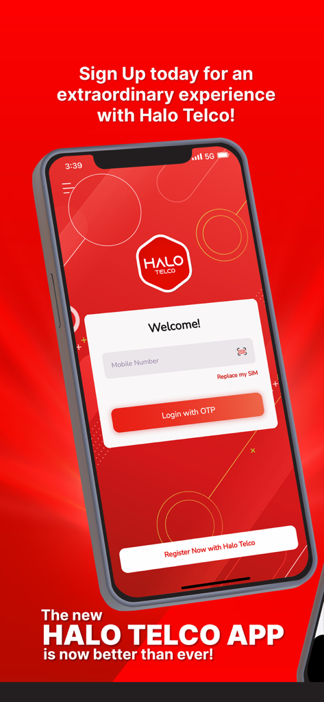 Halo Telco - Welcome screen of the Halo Telco mobile app showing the login and registration interface on a smartphone.