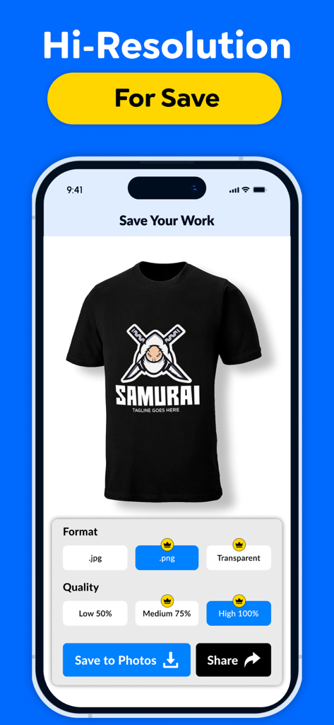 Interface do aplicativo Logo Maker mostrando opções de salvamento e exportação em alta resolução para um design de logo samurai personalizado em uma maquete de camiseta.