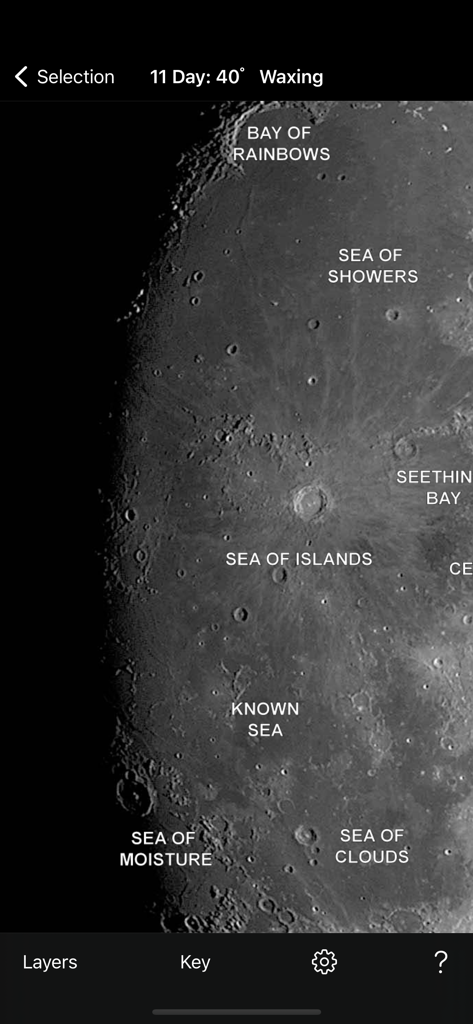 Moon Phase Photo Maps - Detailed photograph of the moon surface with labeled lunar seas and craters in the Moon Phase Photo Maps app
