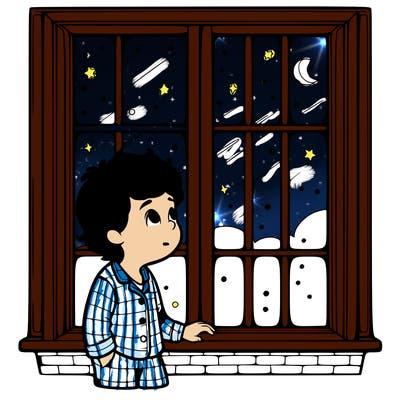 a boy looking out the window in pajamas