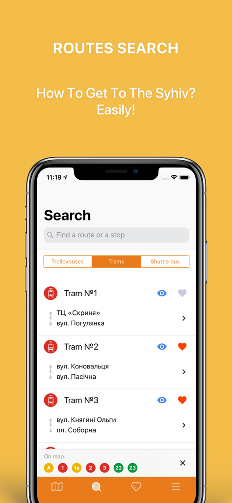 Public Transport Lviv - Public Transport Lviv mobile app interface showing tram route search results