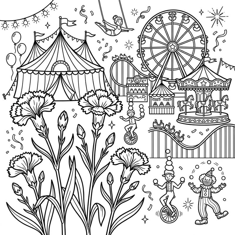 Immerse yourself in a whimsical world where delicate carnation stems bloom amidst the vibrant energy of a carnival. This intricate coloring page offers a delightful escape, blending natural beauty with festive excitement, perfect for artists of all ages.