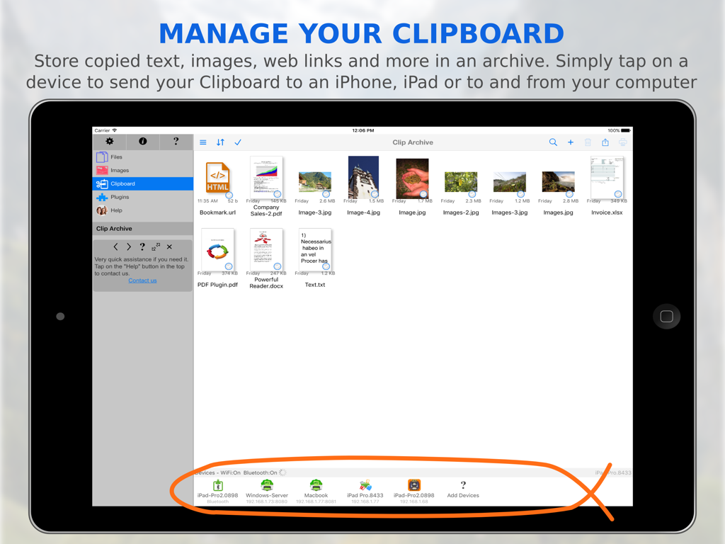 FileCentral app interface on iPad showing the Clip Archive feature with various stored files and connected devices for transfer