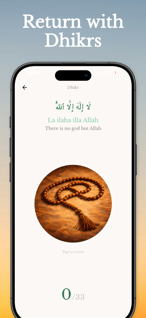 Interfaz de la aplicación Deenback que muestra un contador de Dhikr con cuentas de oración digitales y texto de recuerdo islámico.