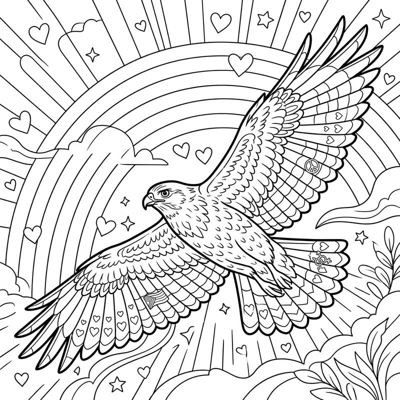 Embrace the spirit of Pride Month with this magnificent buzzard coloring page, specially designed for seniors to enjoy. This uplifting illustration features a majestic bird soaring amidst a vibrant rainbow of symbols, offering a joyful and accessible coloring experience.