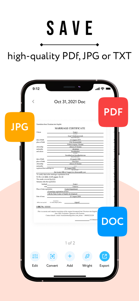 Pantalla del iPhone mostrando la aplicación eScan con opciones para guardar documentos escaneados como PDF, JPG y DOC