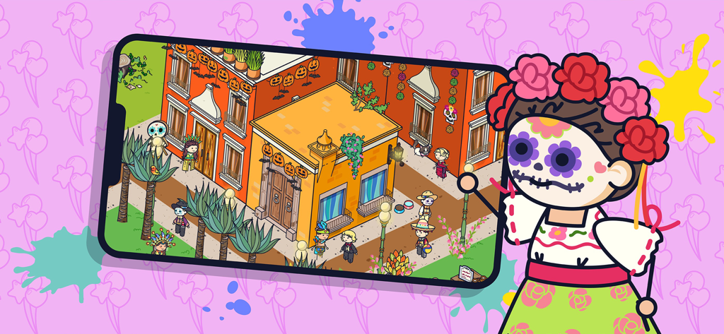 Topia City Life: Avatar World - Gioco Topia City Life avatar world che mostra un personaggio con una corona di fiori e trucco da teschio di zucchero in un tema di città messicana.