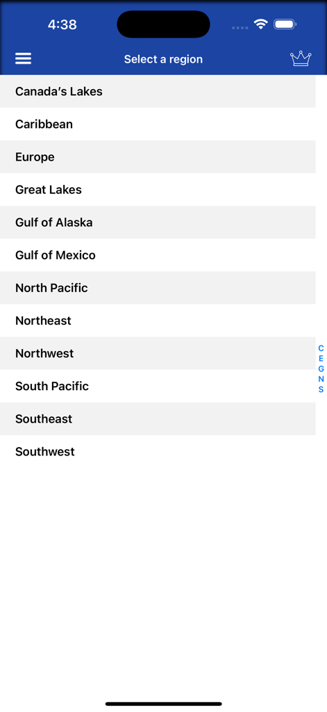 Region selection screen listing geographical areas like Gulf of Mexico and Great Lakes in the NOAA National Data Buoy Marine app