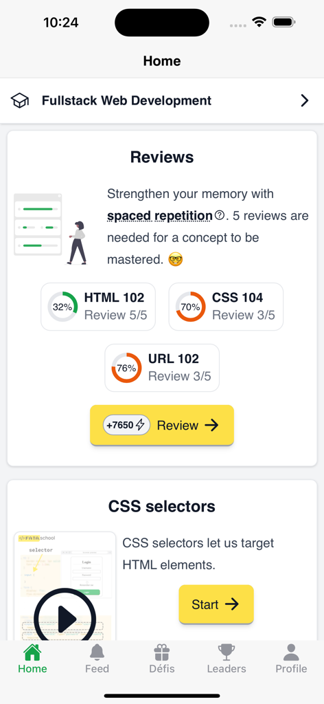 fata - Mobile app dashboard showing spaced repetition reviews for HTML and CSS courses in the fata app.