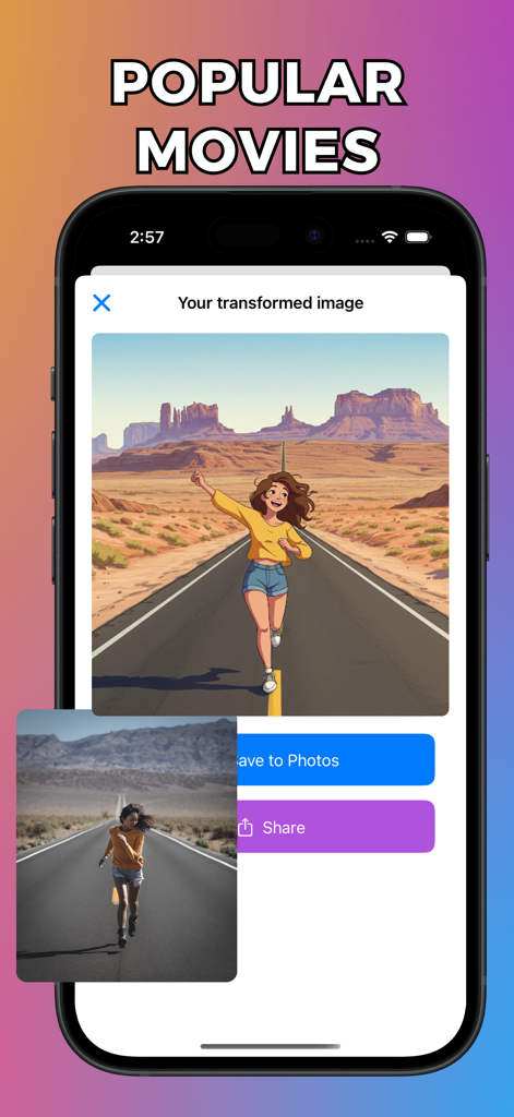 Cartoon Yourself: ToonMe - Una foto de una mujer corriendo por un camino desértico transformada a un estilo de película de dibujos animados utilizando la aplicación ToonMe.
