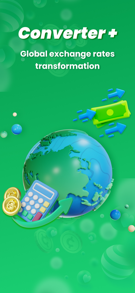 Currency converter calculator+ - Global currency converter app with 3D globe and calculator graphics