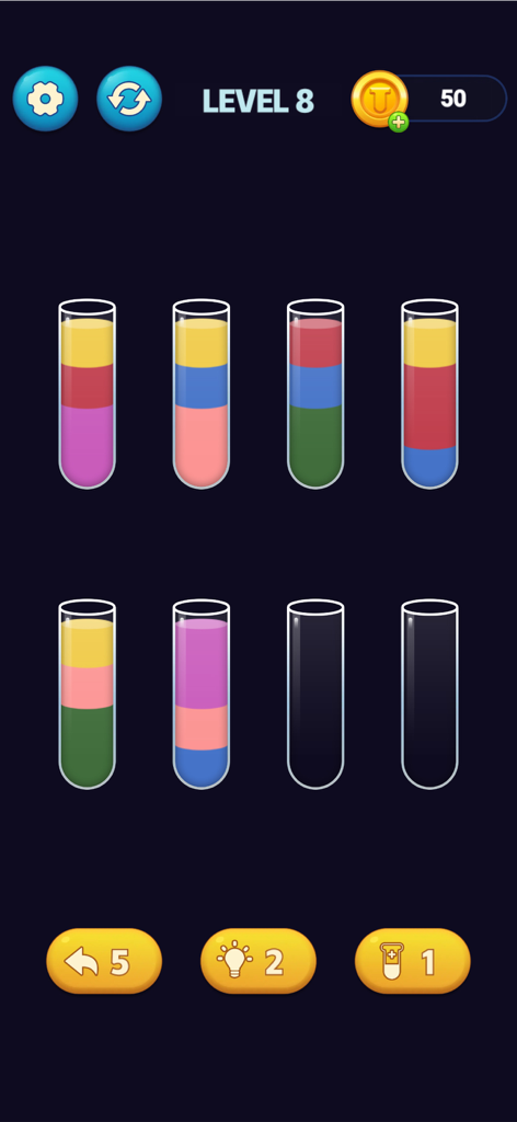 Gameplay screenshot of SortPuz water color sorting puzzle with layered colorful liquids in test tubes