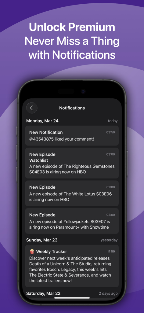 An iPhone screen displaying the notifications list in Rippple for Trakt with alerts for new episodes and social interactions