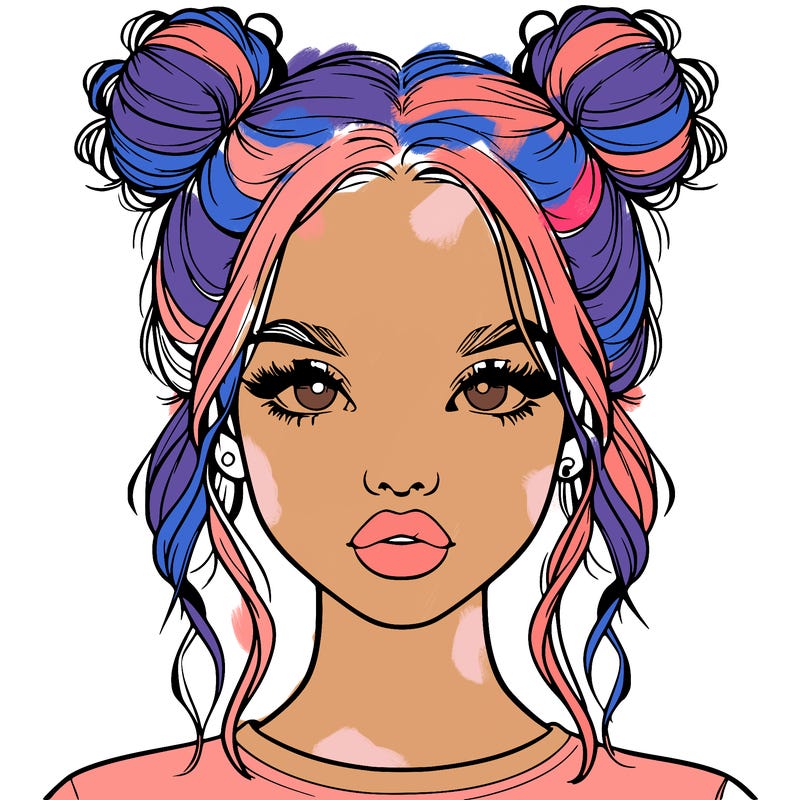 realistic girl with two buns in hair and lips