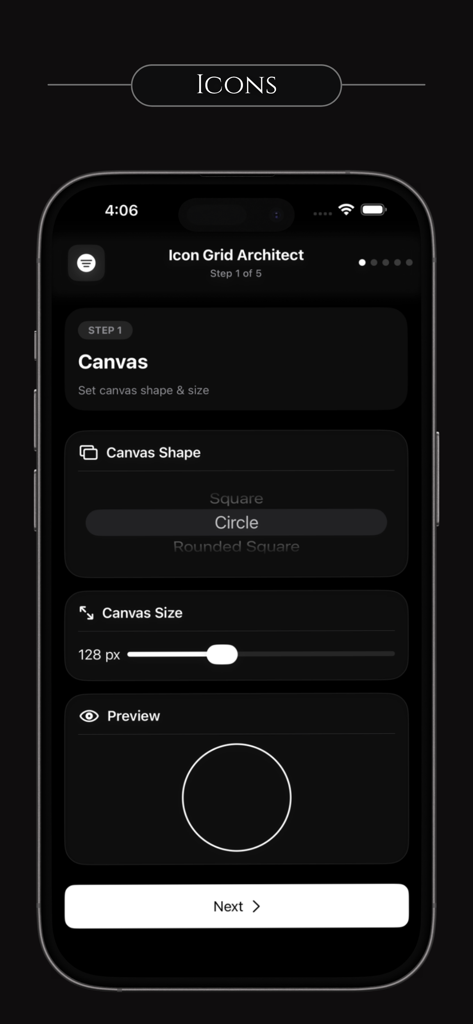 Glassify Pro Widgets and Theme - Interface do Arquiteto de Grade de Ícones do Glassify Pro mostrando a seleção de forma e tamanho da tela.