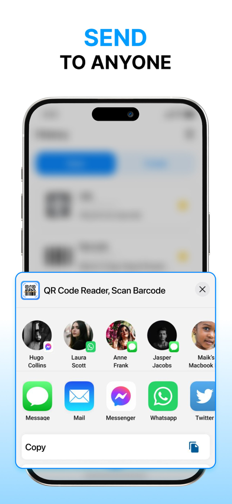 Scan QR Code Master - Captura de pantalla del iPhone de la interfaz de compartir de la aplicación Scan QR Code Master que muestra opciones para enviar contenido a través de mensajes, correo y redes sociales