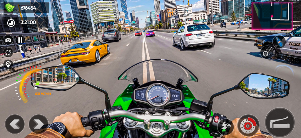 Perspectiva en primera persona de una moto verde compitiendo a través del tráfico de la ciudad en Moto Bike Stunt 3D