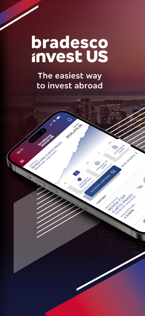Bradesco Invest US - A smartphone displaying the Bradesco Invest US investment portfolio screen over a city background